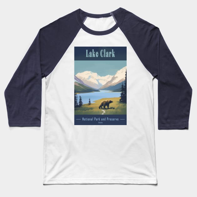 Lake Clark National Park Vintage Travel Poster Baseball T-Shirt by GreenMary Design